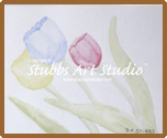 A thumbnail image of a watercolor painting entitled Three Tulips that is available as a Fine Art Print. Delicate red, yellow, and blue tulips reaching for the sun.