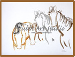 A thumbnail image of a watercolor painting entitled The 4 Horses that is available as a Fine Art Print. This painting can best described as simple, colorful outlines on a white background. It sounds simple, but these 4 horses all have a disticnt personality.  Of all the works we have done, this is my absolute favorite.