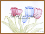 A thumbnail image of a watercolor painting entitled Five Tulips that is available as a Fine Art Print. A simple but tasteful rendition of three red and two blue open tulips on a white background reaching toward the sky like drinking cups waiting to be filled.