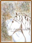A thumbnail image of a watercolor painting entitled Buddies that is available as a Fine Art Print. This pair of stylized horse busts, against a background of multi color browns and greens, can best be described as the confident and the curious. As the profile of the aloof stare of the confident one looks to the distance, the curious one, almost hiding, peaks over the nose of the confident one to get a peak of what's going on.