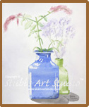 A thumbnail image of a watercolor painting entitled Flowers in Jars that is available as a Fine Art Print. Who ever thought a watercolor still life painting could have personality? Well, this one does. Blue and green colored jars with wispy pink and purple flowers come to life with light glowing through the translucent jars and off the round reflective surfaces.