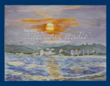 A thumbnail image of a watercolor painting entitled Hadley's Beach that is available as a Fine Art Print. Day comes to an end as teh sun sets over the quiet little tomn on the lake..