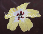 A thumbnail image of an acrylic painting entitled Bloom of The Hibiscus that is available as a Fine Art Print. This textured painting is of a single, frame filling, brightly colored yellow, white, and red hibiscus bloom over a deep violet background under bright sunlight, that jumps off the canvas like a 3-D image.