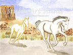 A thumbnail image of a watercolor painting entitled Horses Running on the Range that is available as a Fine Art Print. Amidst the mesas and desert brush these two horses run wild and free.