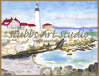 A thumbnail image of a watercolor painting entitled Portland Lighthouse that is available as a Fine Art Print. Its low tide on a bright sunny afternoon and the lighthous stands tall above the rocky shorline looking out over the water's horizon.