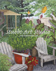 A thumbnail image of an acrylic painting entitled Restful Retreat that is available as a Fine Art Print. Sit back in the shade on one of two adirondak chairs amidst a garden of green plants, ferns, and beautiful orange canas. Cooled and comfroted by the shade of overreaching pine branhes it truely is a restful retreat.