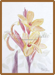 A thumbnail image of a watercolor painting entitled Yellow Canas that is available as a Fine Art Print. A focused look at the yellow flowers and purple spikes of the canas flower set against a white background.